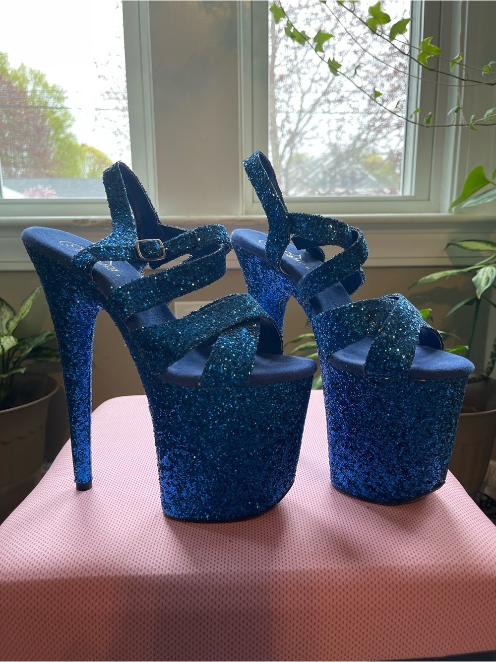 Pleaser Flamingo-897LG Royal Blue Glitter | 8" Heel, Size 9 (Like New)